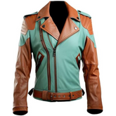 Men's Stylish Mint Green and Brown Sheepskin Leather Biker Jacket